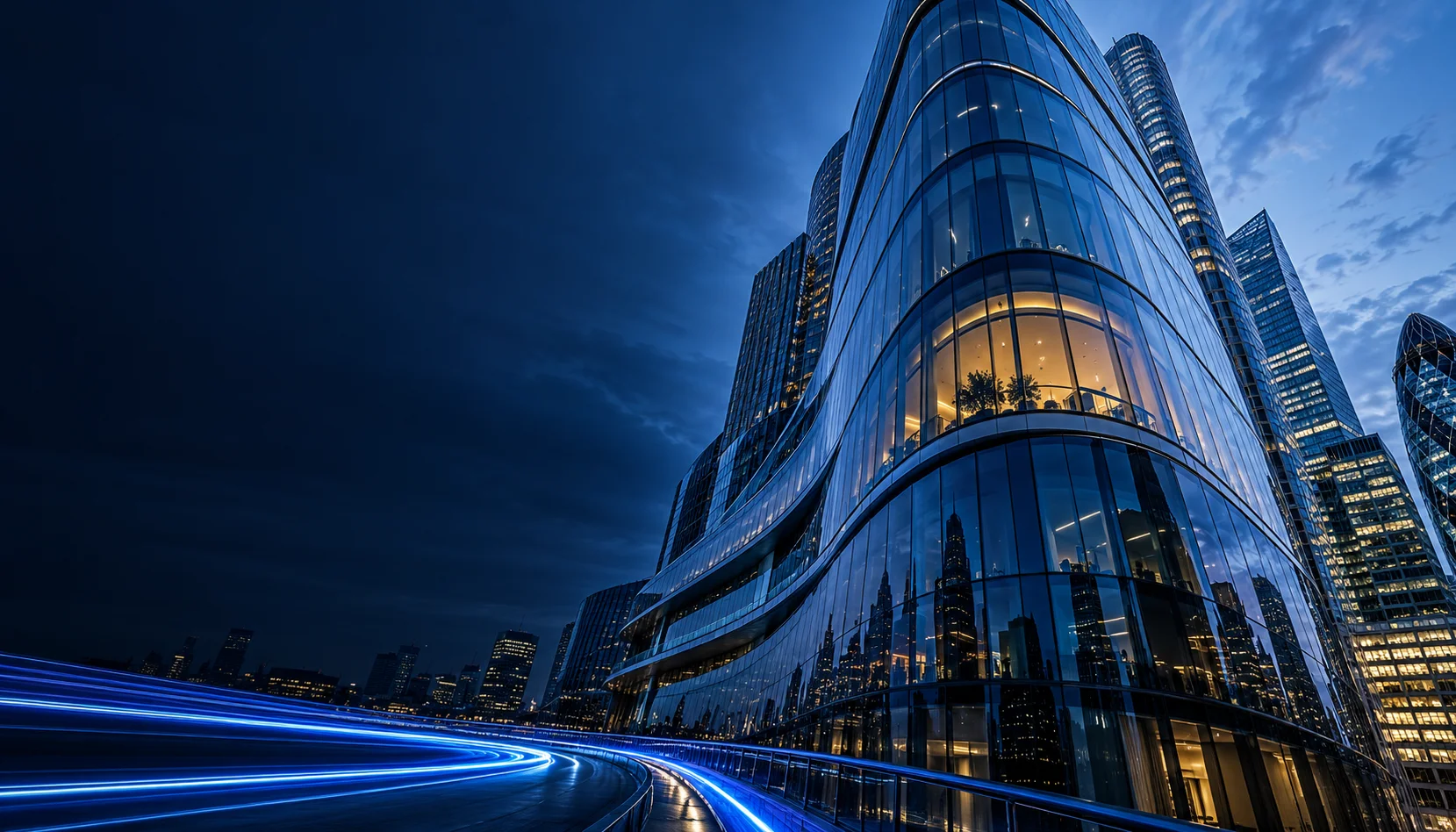 Architectural brand illustration of London at blue hour